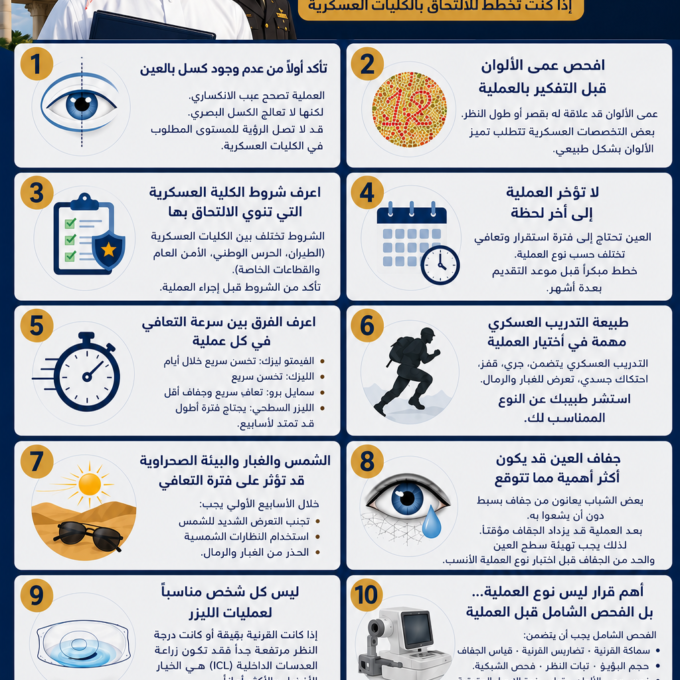 ١٠ معلومات يجب ان تعرفها قبل تصحيح النظر للالتحاق بالعسكريه